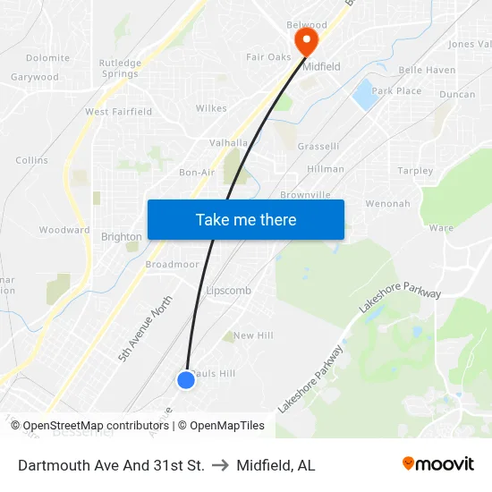 Dartmouth Ave And 31st St. to Midfield, AL map