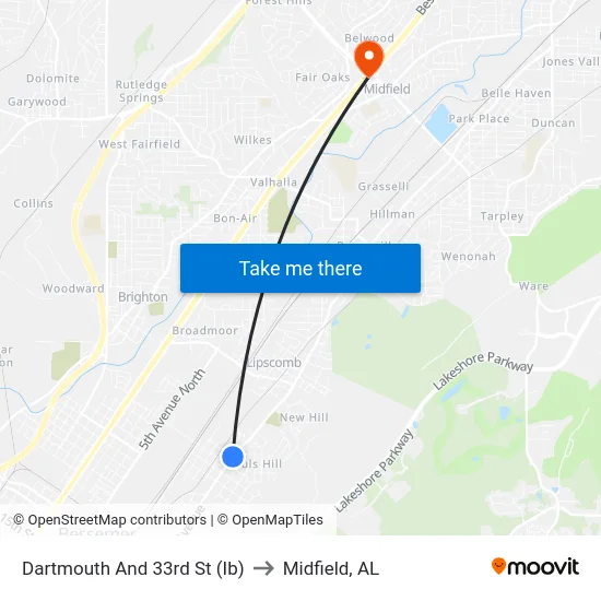 Dartmouth And 33rd St (Ib) to Midfield, AL map