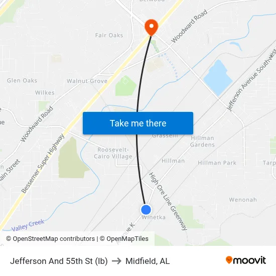 Jefferson And 55th St (Ib) to Midfield, AL map