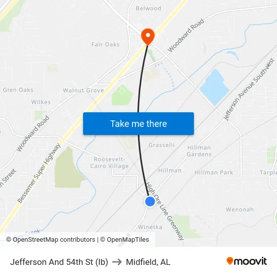 Jefferson And 54th St (Ib) to Midfield, AL map