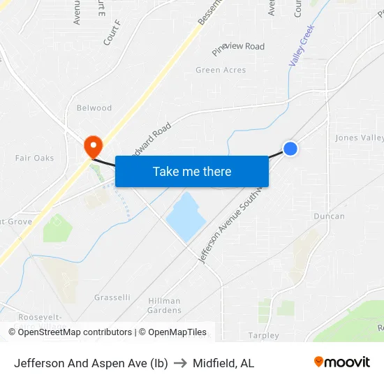 Jefferson And Aspen Ave (Ib) to Midfield, AL map