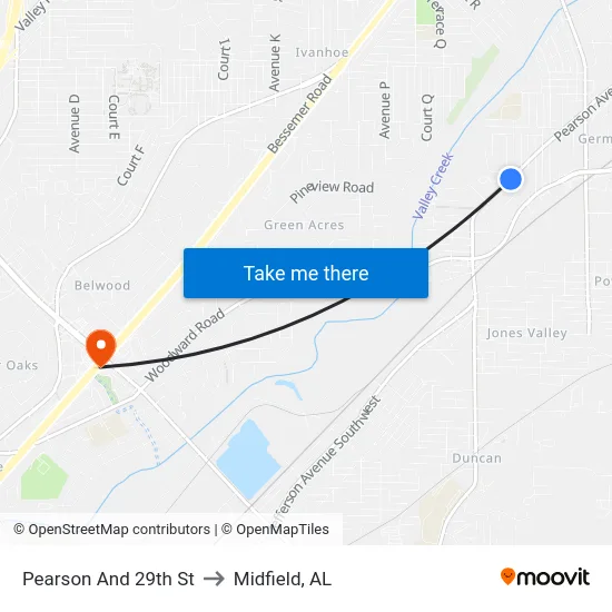 Pearson And 29th St to Midfield, AL map