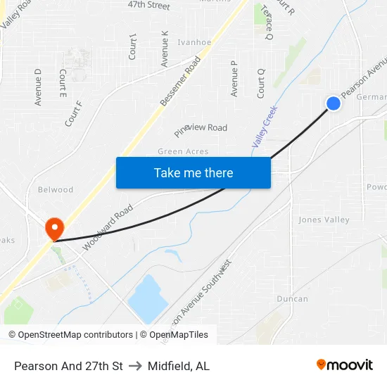 Pearson And 27th St to Midfield, AL map