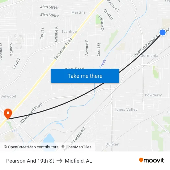 Pearson And 19th St to Midfield, AL map