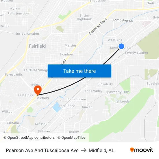 Pearson Ave And Tuscaloosa Ave to Midfield, AL map