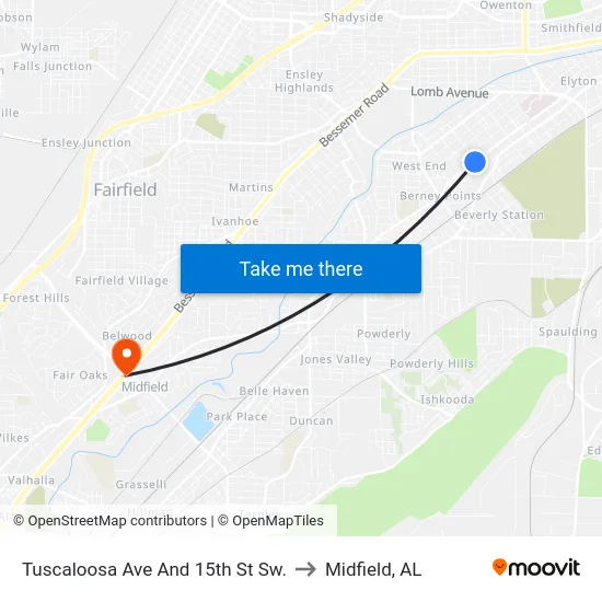 Tuscaloosa Ave And 15th St Sw. to Midfield, AL map