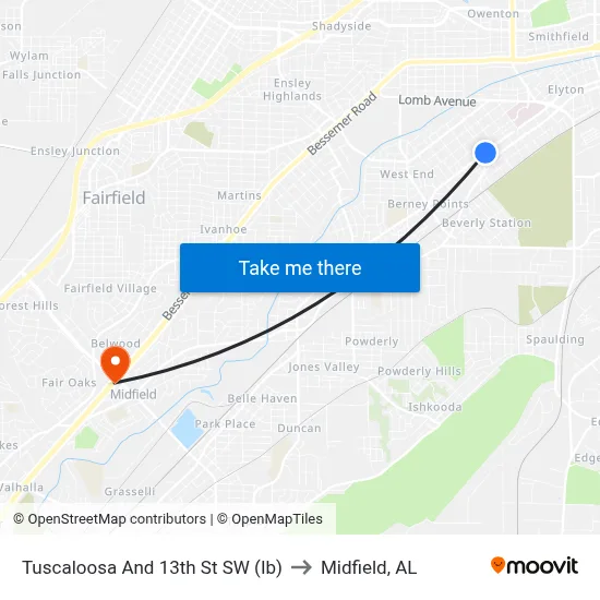 Tuscaloosa And 13th St SW (Ib) to Midfield, AL map
