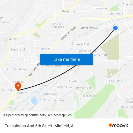 Tuscaloosa And 6th St to Midfield, AL map