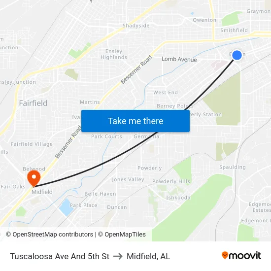 Tuscaloosa Ave And 5th St to Midfield, AL map