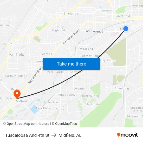 Tuscaloosa And 4th St to Midfield, AL map