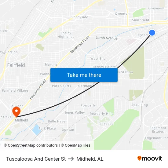 Tuscaloosa And Center St to Midfield, AL map