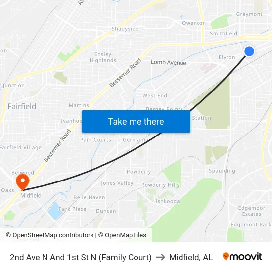 2nd Ave N And 1st St N (Family Court) to Midfield, AL map