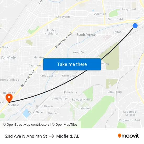 2nd Ave N And 4th St to Midfield, AL map