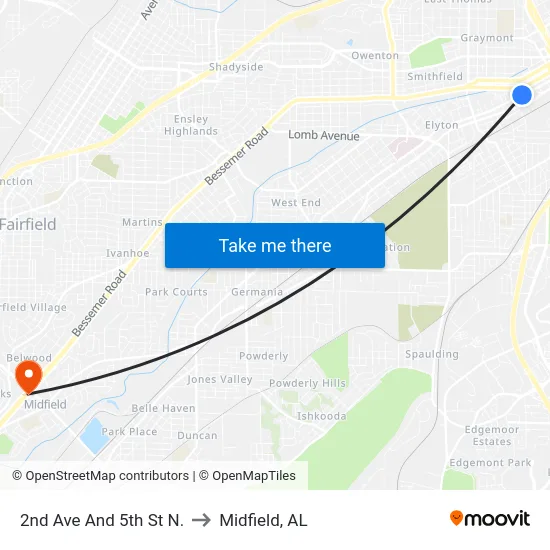 2nd Ave And 5th St N. to Midfield, AL map