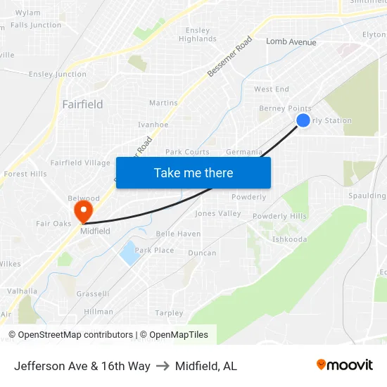 Jefferson Ave & 16th Way to Midfield, AL map