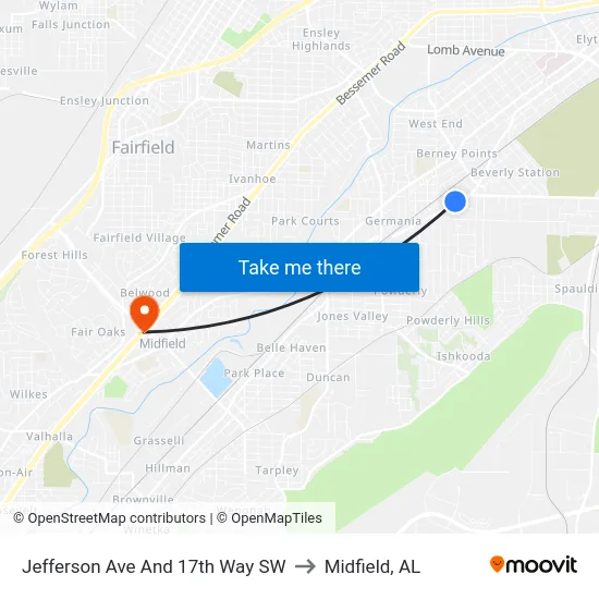 Jefferson Ave And 17th Way SW to Midfield, AL map
