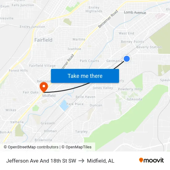 Jefferson Ave And 18th St SW to Midfield, AL map
