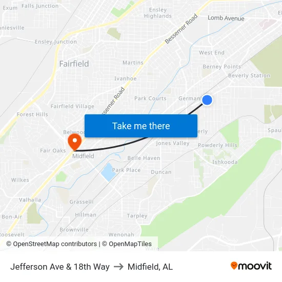 Jefferson Ave & 18th Way to Midfield, AL map