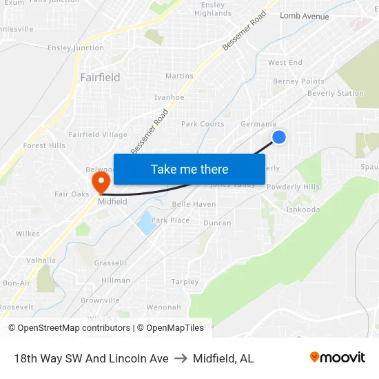 18th Way SW And Lincoln Ave to Midfield, AL map