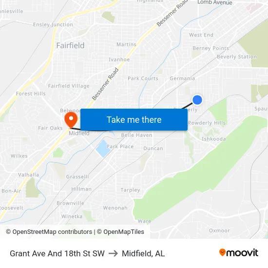 Grant Ave And 18th St SW to Midfield, AL map