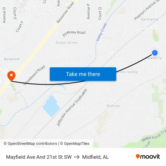 Mayfield Ave And 21st St SW to Midfield, AL map