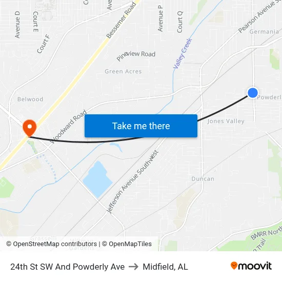 24th St SW And Powderly Ave to Midfield, AL map