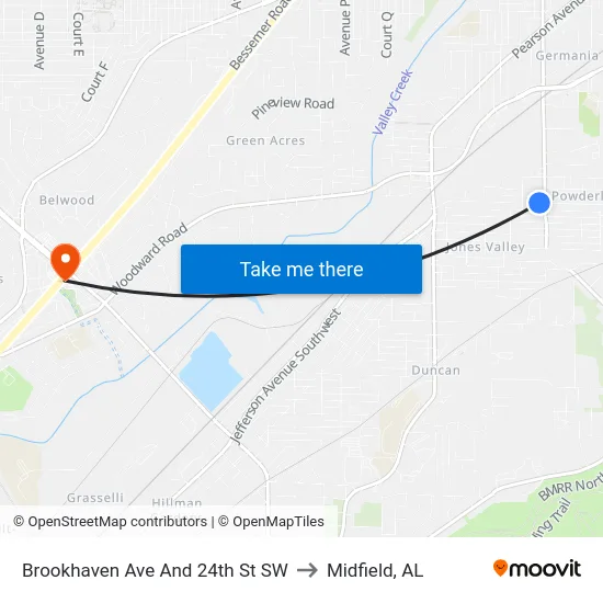 Brookhaven Ave And 24th St SW to Midfield, AL map