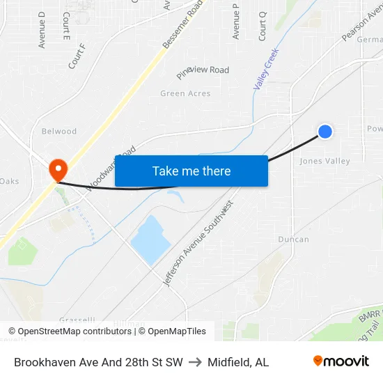 Brookhaven Ave And 28th St SW to Midfield, AL map