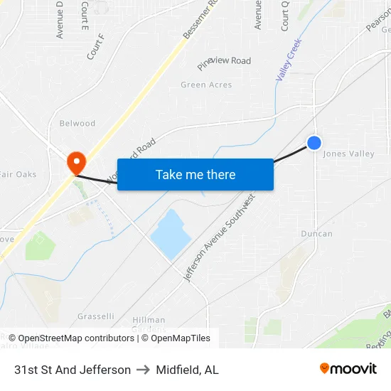 31st St And Jefferson to Midfield, AL map
