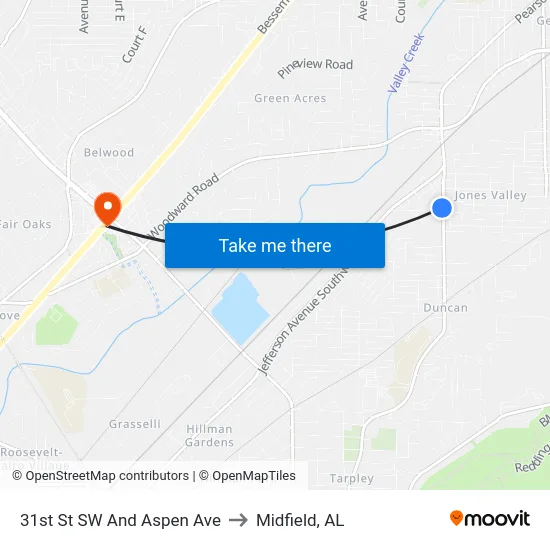 31st St SW And Aspen Ave to Midfield, AL map
