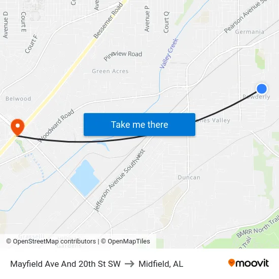 Mayfield Ave And 20th St SW to Midfield, AL map