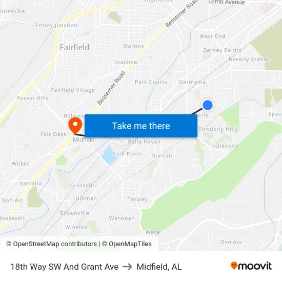 18th Way SW And Grant Ave to Midfield, AL map