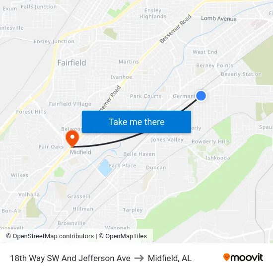 18th Way SW And Jefferson Ave to Midfield, AL map