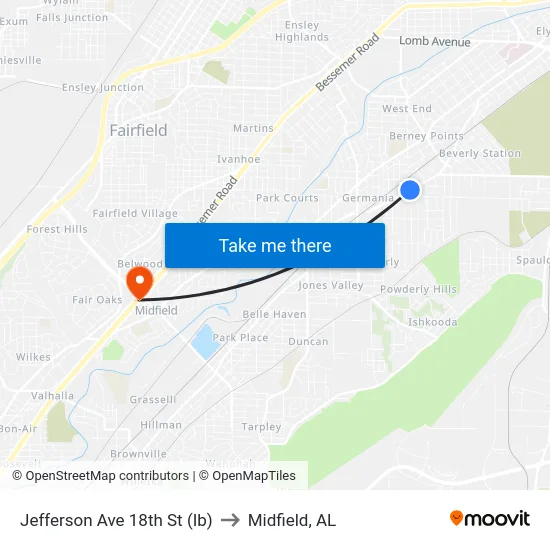 Jefferson Ave 18th St (Ib) to Midfield, AL map