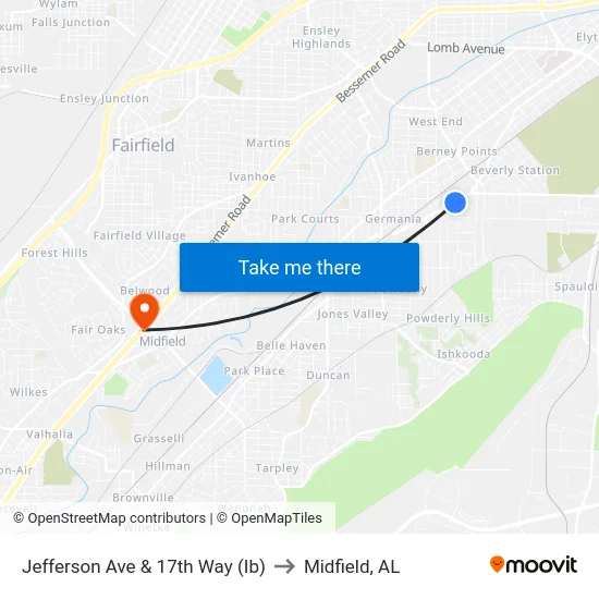 Jefferson Ave & 17th Way (Ib) to Midfield, AL map
