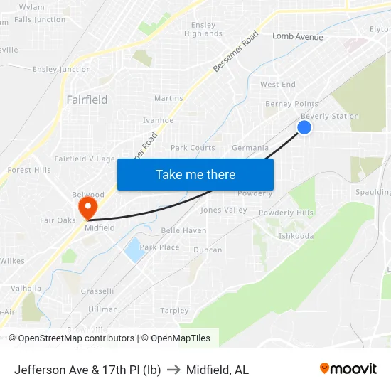 Jefferson Ave & 17th Pl (Ib) to Midfield, AL map