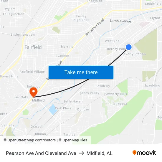 Pearson Ave And Cleveland Ave to Midfield, AL map