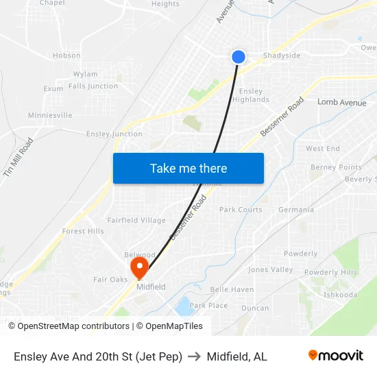 Ensley Ave And 20th St (Jet Pep) to Midfield, AL map