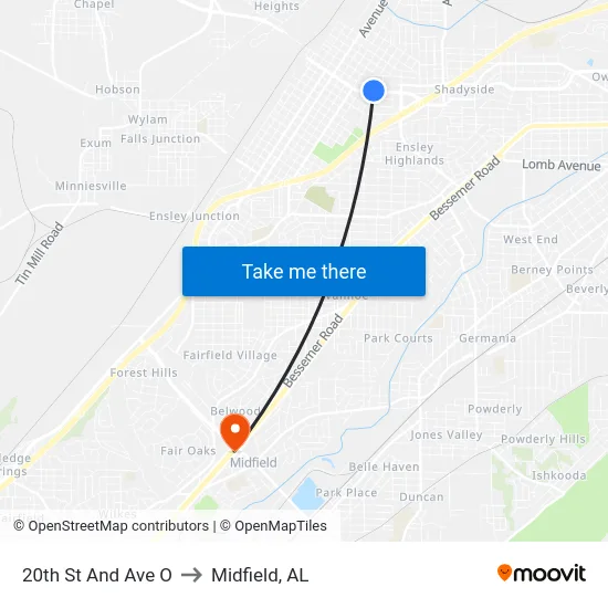 20th St And Ave O to Midfield, AL map