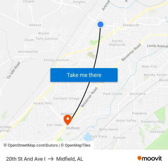 20th St And Ave I to Midfield, AL map