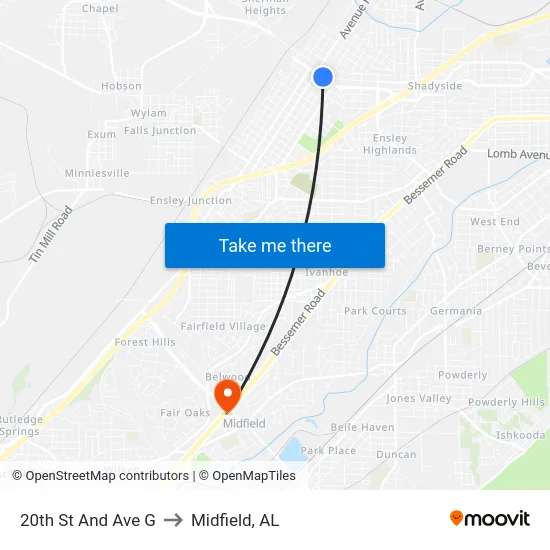 20th St And Ave G to Midfield, AL map
