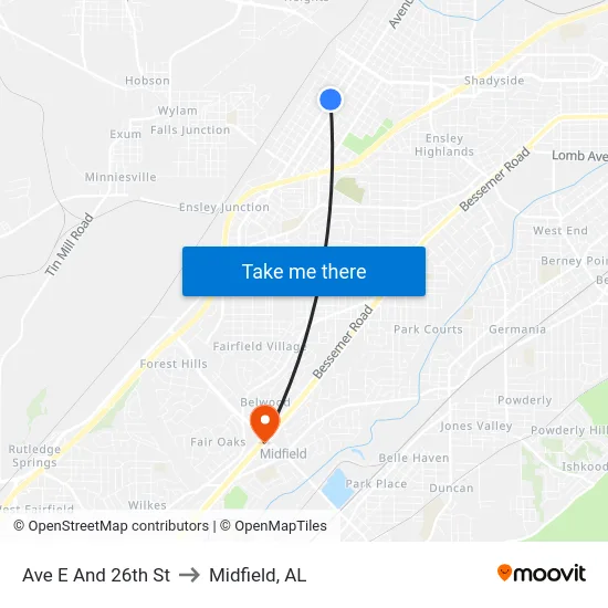 Ave E And 26th St to Midfield, AL map