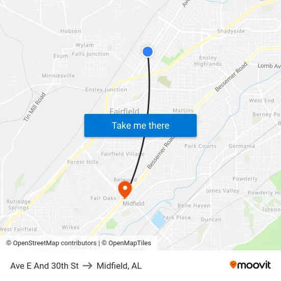 Ave E And 30th St to Midfield, AL map