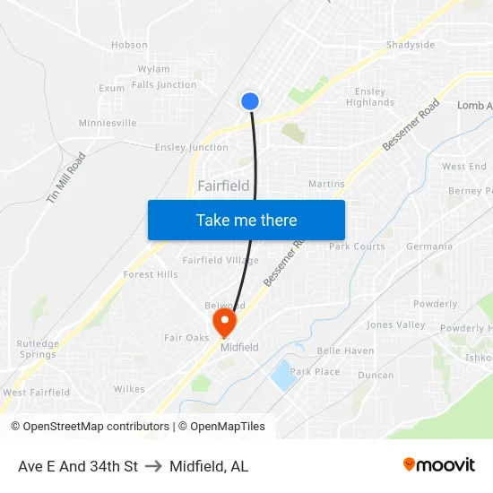 Ave E And 34th St to Midfield, AL map