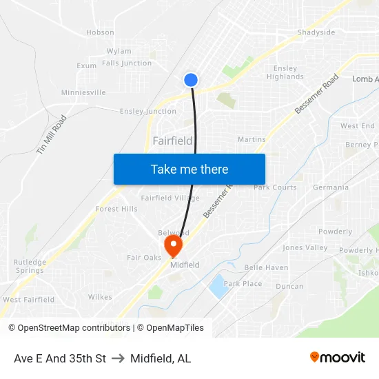Ave E And 35th St to Midfield, AL map
