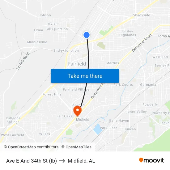 Ave E And 34th St (Ib) to Midfield, AL map