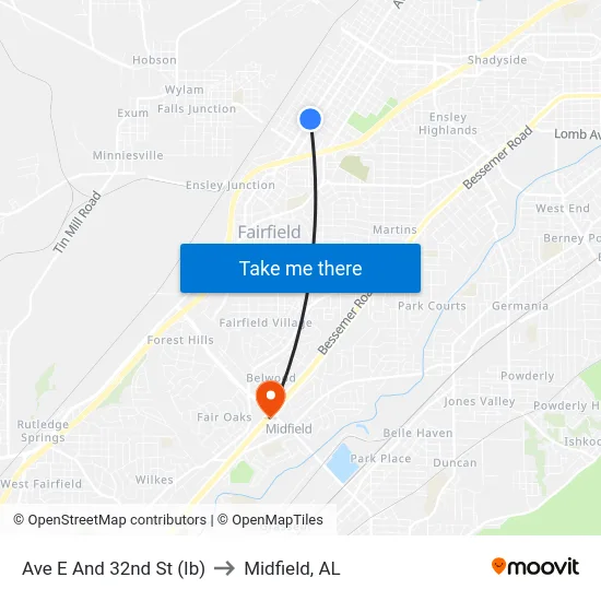 Ave E And 32nd St (Ib) to Midfield, AL map
