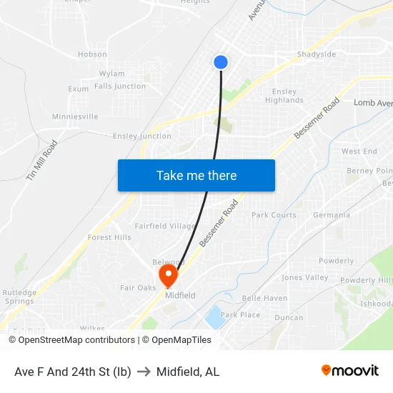 Ave F And 24th St (Ib) to Midfield, AL map