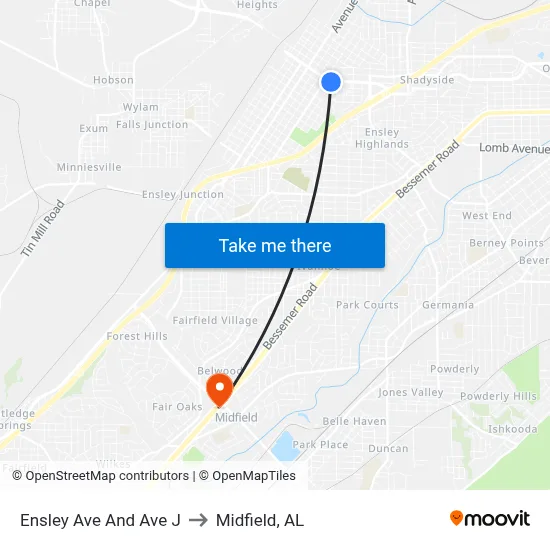 Ensley Ave And Ave J to Midfield, AL map