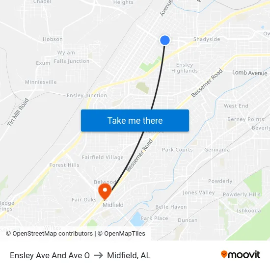 Ensley Ave And Ave O to Midfield, AL map